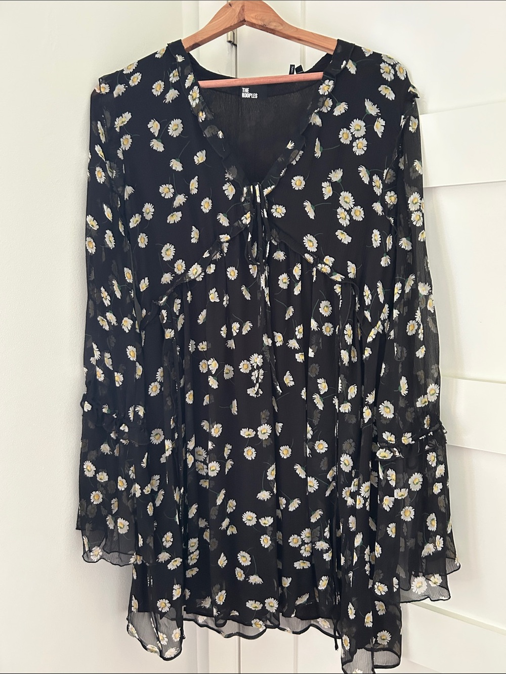 The Kooples Black Daisy-Print Tie V Neck dress